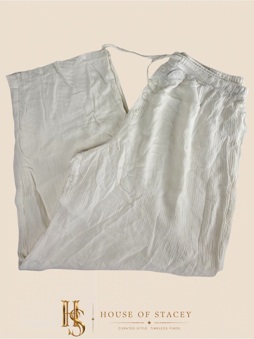 Metrocollection White Gauze Wide Leg Pants Elastic Waist M